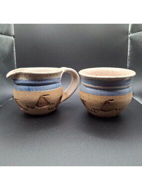 Annapolis Pottery Handcrafted Ceramic Cream Sugar Set Nautical Sailboat Carvings